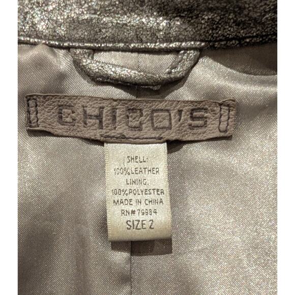 CHICO'S LEATHER MOTO JACKET Size 2 - 12  Silver Cracked FINISH Zippers| 250971 - Picture 6 of 8